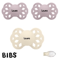 Bibs Infinity Schnuller mit Namen, Symmetrisch Silikon Gr. 2, 1 Ivory, 2 Dusky Lilac, 3'er Pack